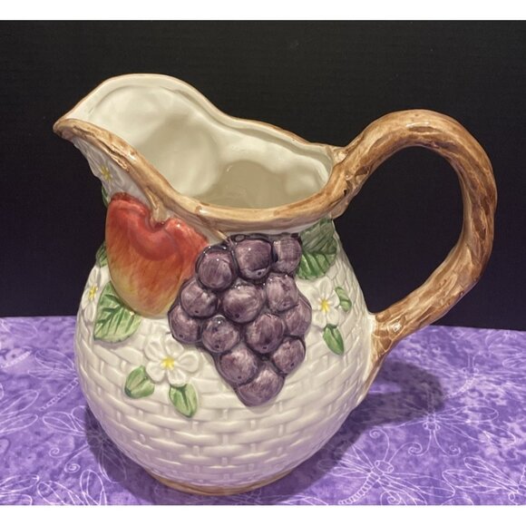 Vintage Fitz and Floyd Pitcher Fruit Flair Basket Weave 3/4 QT 1990 Cottagecore - Picture 1 of 6